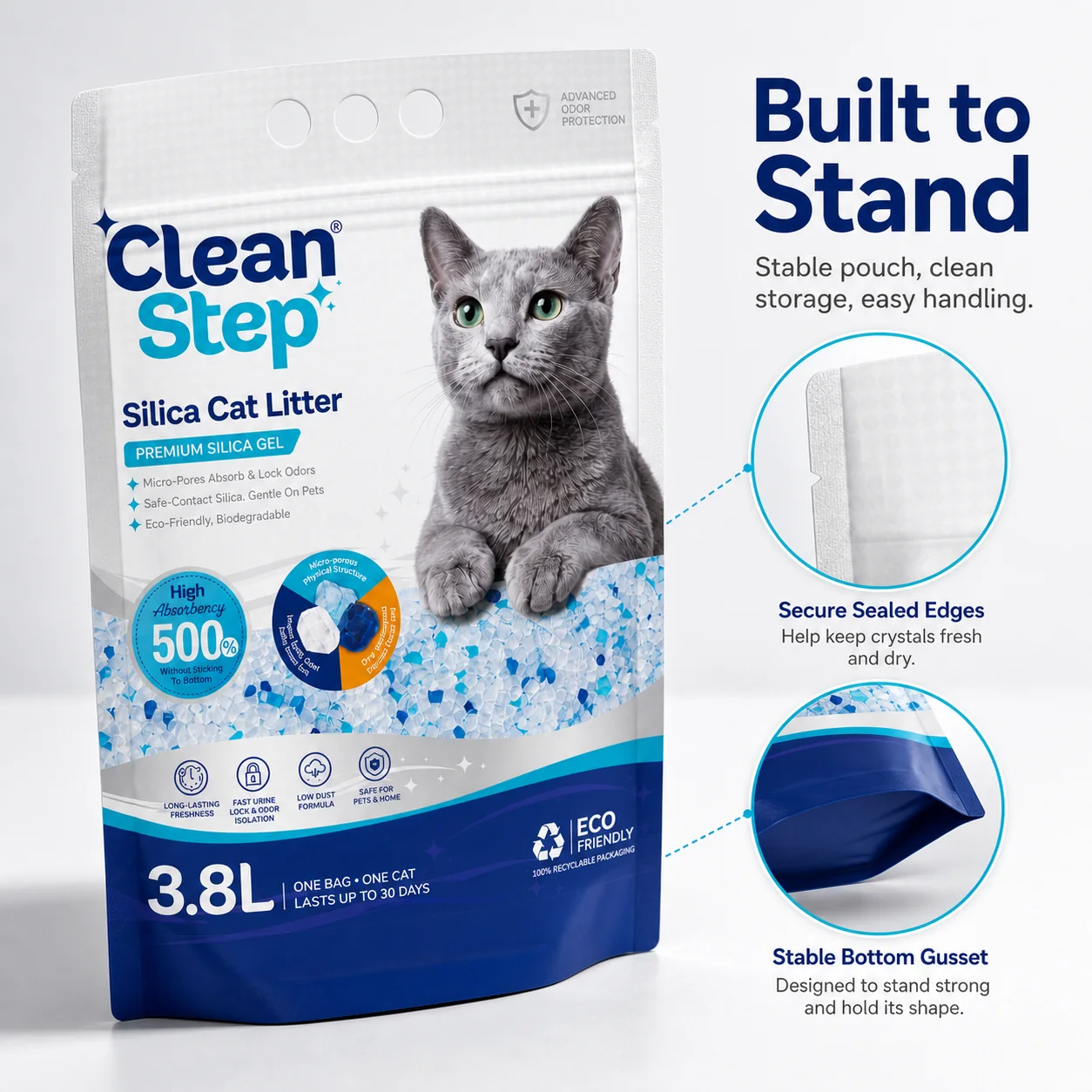 Silica crystal cat litter absorbency presentation