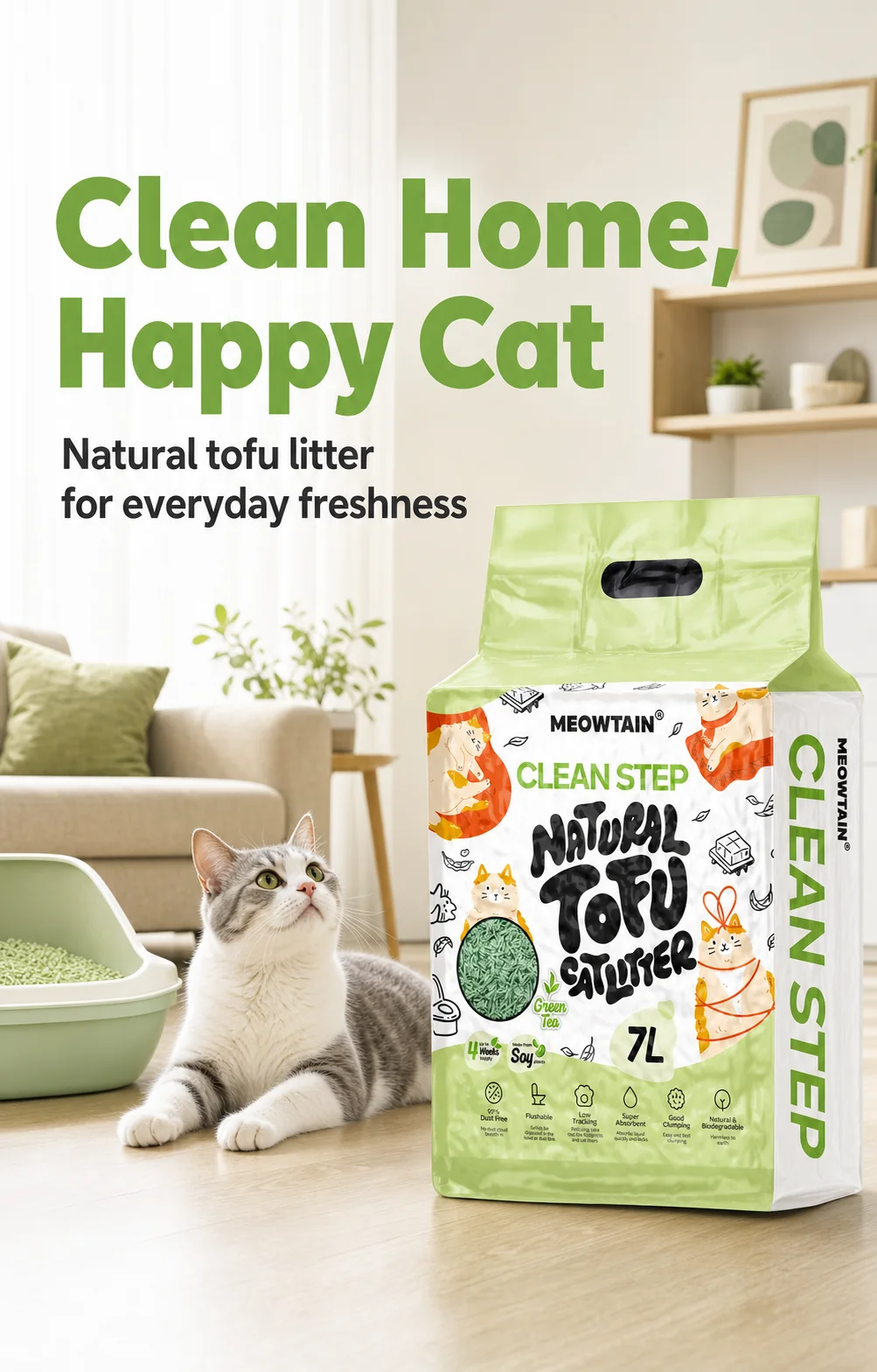 Clean Step tofu cat litter in a modern cat home