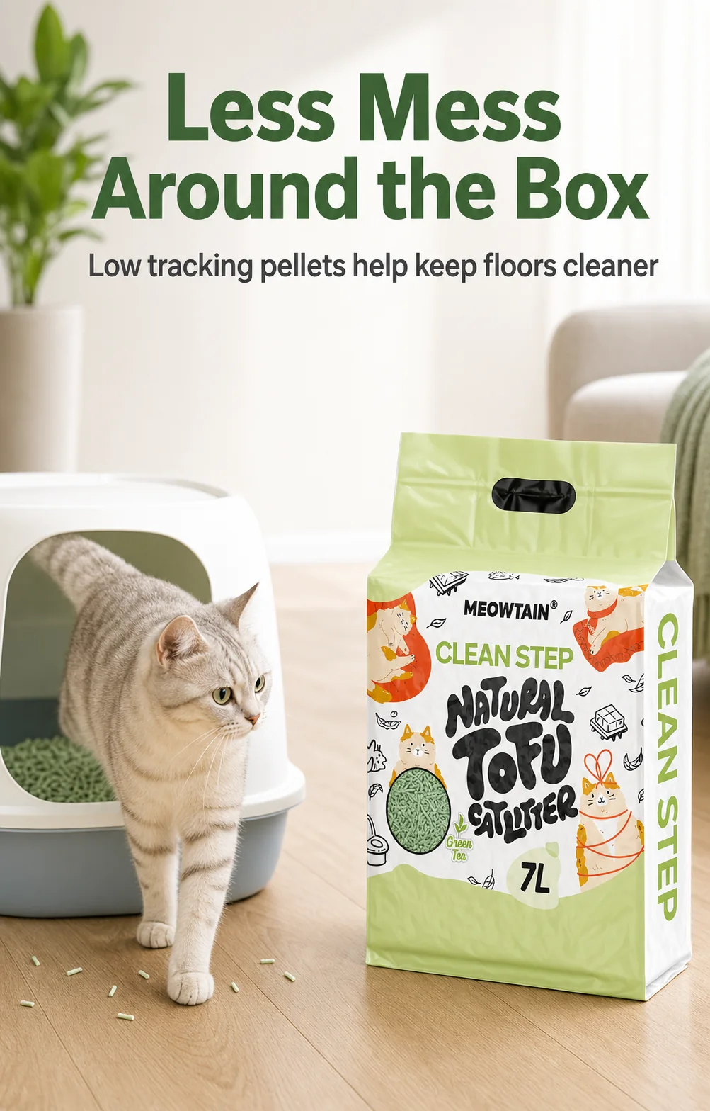 Low-tracking tofu cat litter pellets beside a litter box