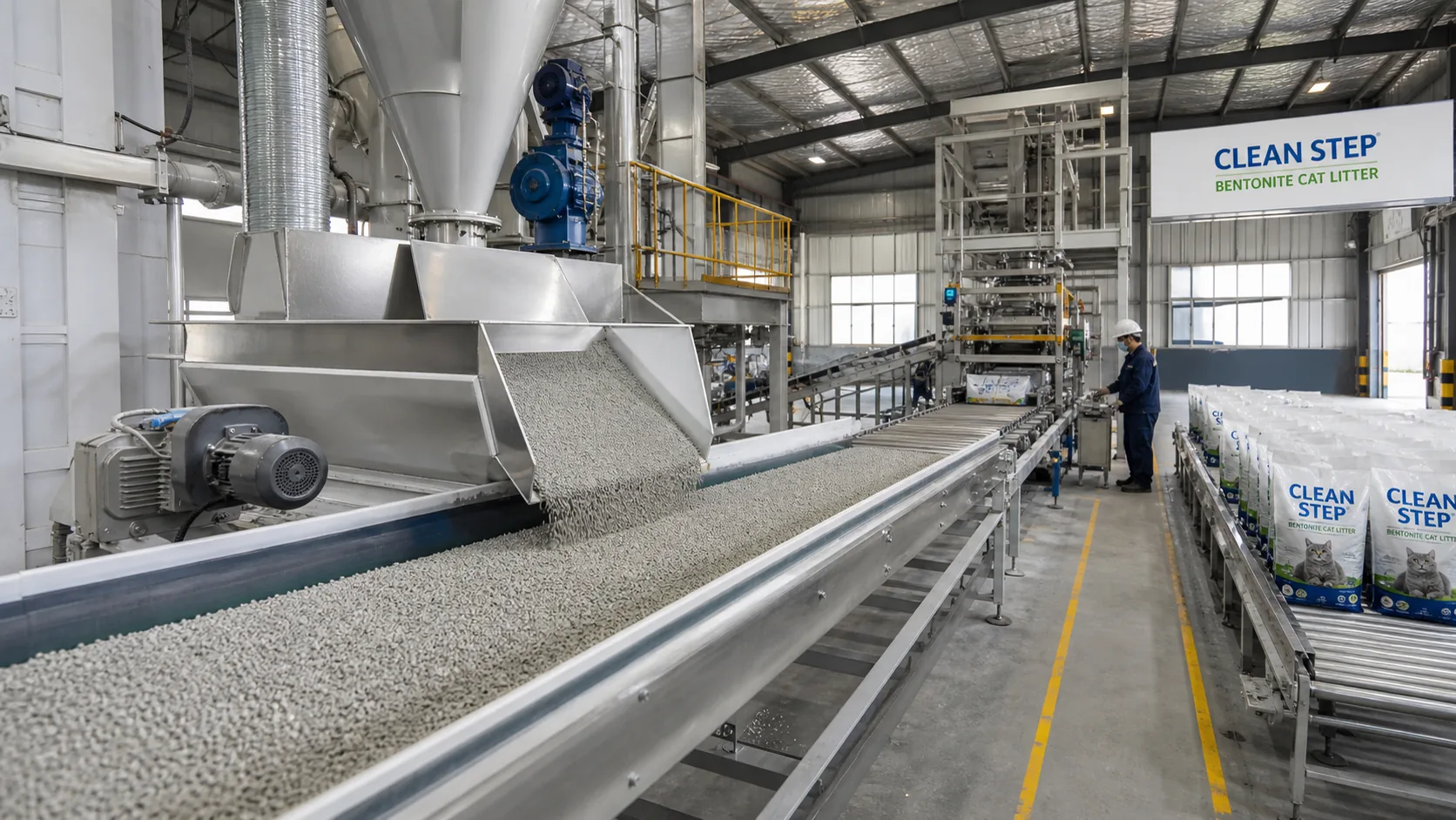 Automated cat litter production and packaging line