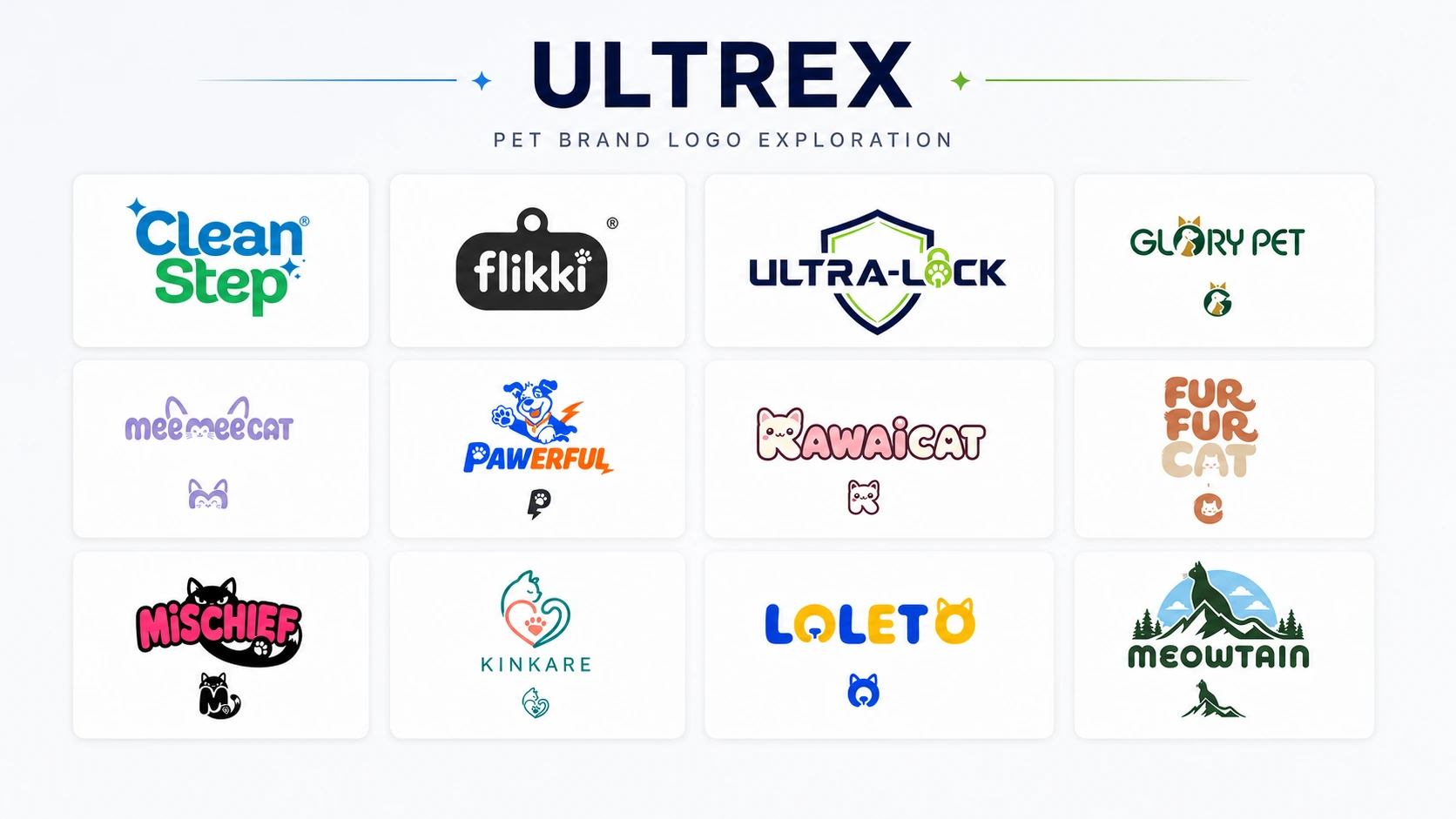 ULTREX pet brand logo wall featuring Clean Step, Flikki, Ultra-Lock, Glory Pet, Mee Mee Cat, Pawerful, Kawaicat, Fur Fur Cat, Mischief, Kinkare, Loleto and Meowtain